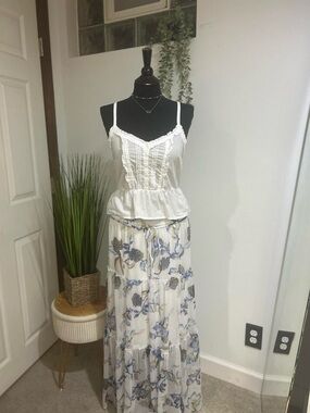 White House Black Market White Maxi Dress with Blue Floral Print